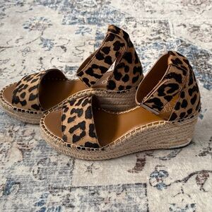 Franco Sarto Leopard Espadrille Wedge Sandals in Tan and Black